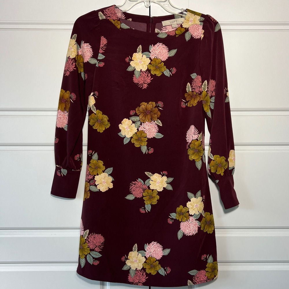 LOFT Petites‎ Burgundy Floral Long Sleeve Mini Dress 00P